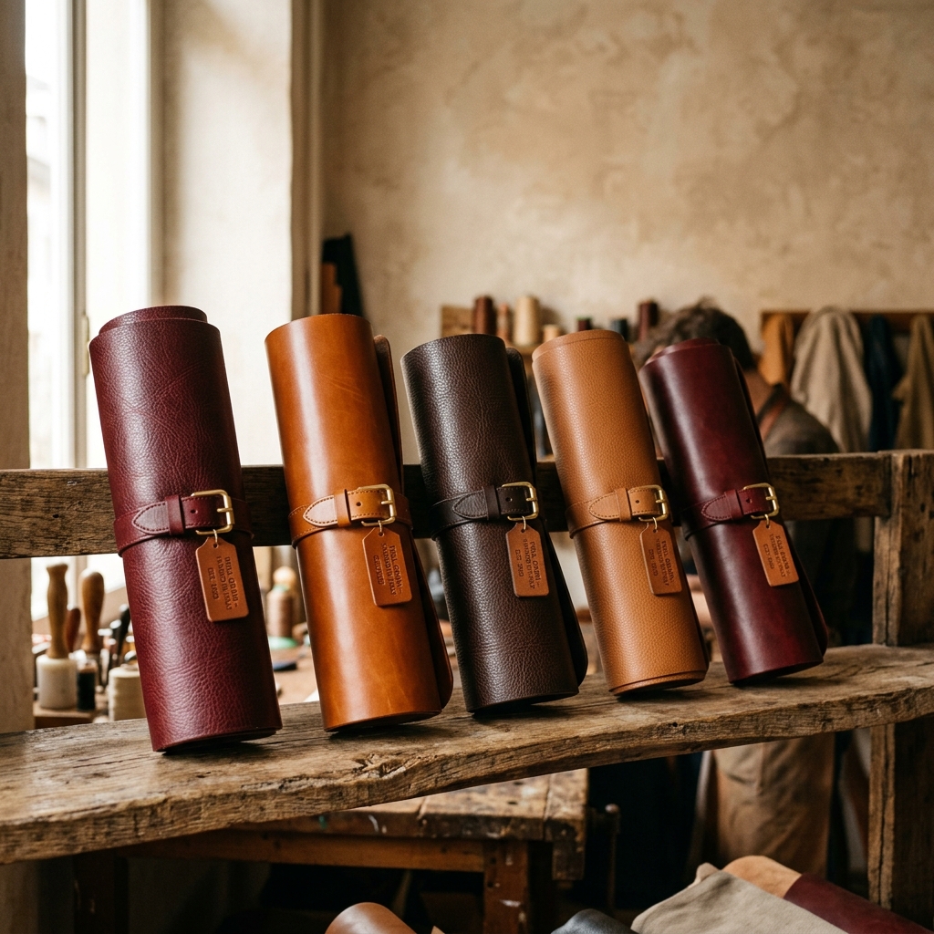 Rolls of high quality full grain leather in the workshop
